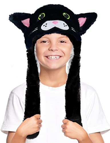 Kobataro Black Cat Plush Hat Animal Hat With Moving Ears Flaps Christmas Halloween Birthday Gift For Kids #TOP3