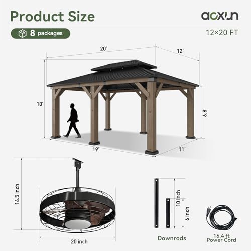 Image of Aoxun 12' x 20' Outdoor Wood Gazebo, Hardtop Gazebo with Galvanized Steel Roof, Permanent Wooden Pavilion with Ceiling Fan, for Backyard, Cedar Wood, Grey