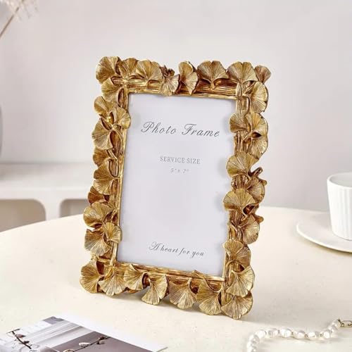 Image of Art Street Elegant Golden Ginkgo Leaf Resin Vintage Table Photo Frame, 5x7 Inch Photo, Decorative Frames Perfect for Home Decor, Unique Gift Idea, Durable, Birthday, Wedding, Return Gift - Royal Gold