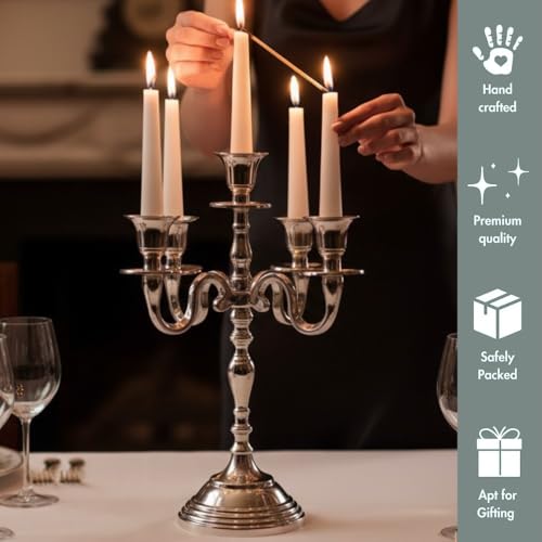 Image of Decorative Aluminum Vintage 5-Arm German Silver Candelabra Candle Holder - Elegant Metal Table Centerpiece for Home, Wedding, Party & Dining Room Decor