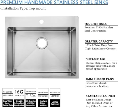 Image of SHACO 25 Inch Drop In Kitchen Sink, Top Mount 16 Gauge 304 Stainless Steel 25x22 Inch Single Bowl Sink, Brushed Nickel Drop In RV Laundry Utility Sink, Topmount Overmount Sinks with Drain