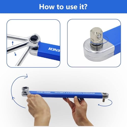 Image of ELMVIA Offset Extension, 15-Inch Offset Impact-Ready Socket Wrench Tool with 1 /2 inch, 1 /4 inch and 3 /8 inch Square Drive Adapters, Zero Degree Ratchet Tool for Car (Blue Wrench)