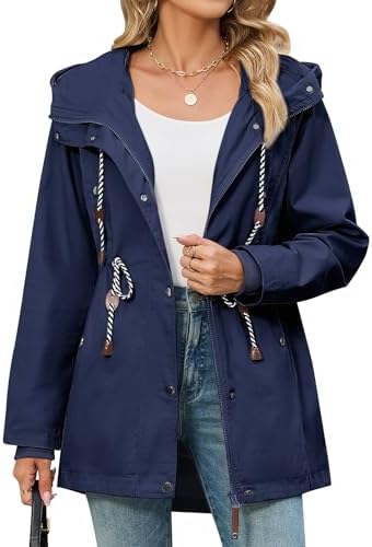 CMTOP Übergangsjacke Damen mit Kapuze Baumwolle Drawstring Übergangsmantel | Verstellbare Taille Parka,Winddichte Rippbündchen,Mehrfachtaschen,Slim Fit Vintage für Frühling Herbst