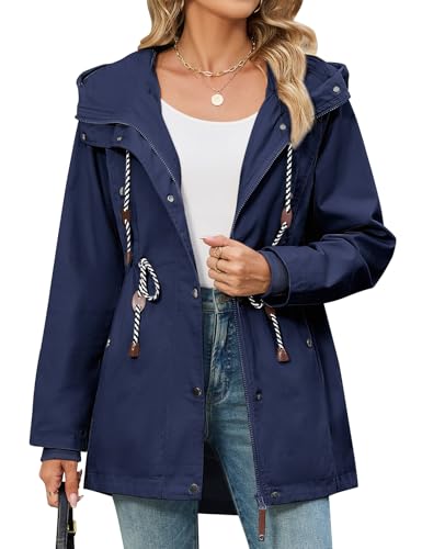CMTOP Jackets For Women Casual Hooded Softshell Jacket Drawstring Zip Up Parka Lightweight Outdoor Windbreaker with Pockets Windproof Transition Coats for Spring Fall(Navy Blue, S)