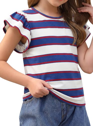Image of Girls Striped Shirt Flutter Sleeve Top Crewneck Cute Summer T Shirts Casual Tees Blue White 7-8 Years