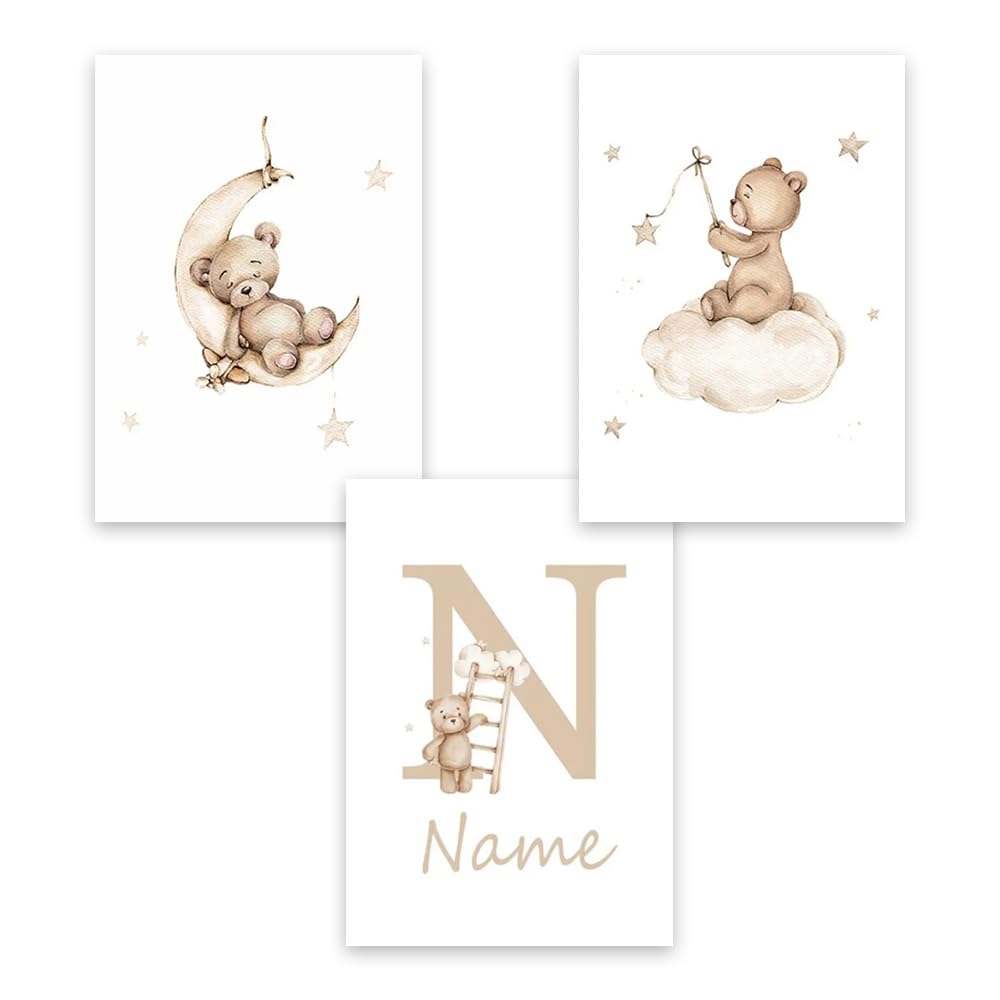 3 Affiche Ourson Chambre Bebe 30x40cm Tableau Personnalisé Prenom Enfant Poster Mural Bébé Fille Nuage Toile Animaux Enfant Garcon Affiche Chambre Bebe Beige Cadeau sans Cadre