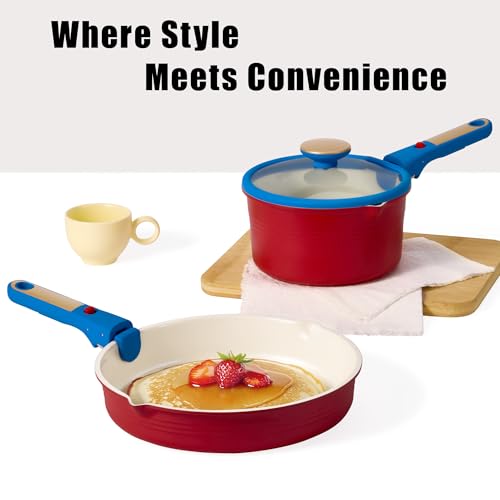 CAROTE 5Pcs Titanium Cookware Set, Pots and Pans Set Non Stick, Kitchen Cooking Set with Detachable Handle, Non Toxic Induction Cookware, Dishwasher/Oven Safe，Memphis Design by CAROTE - Image 8