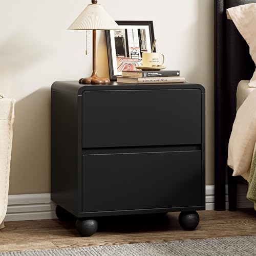 Image of Furniway Black Nightstand Set of 2, Modern 2 Drawer Bedside Table with Curved Profile Design and Handle-Free Drawers, Modern End Table with Storage for Bedroom