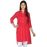 Chichi Women's Indian Plain Cotton Kurti Top, Red, Small