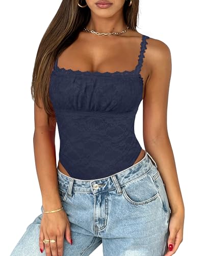 Saslax Women's Sexy Square Neck Lace Sleeveless Bodysuit Tank Tops Double Lined Body Suit Thong Outfits