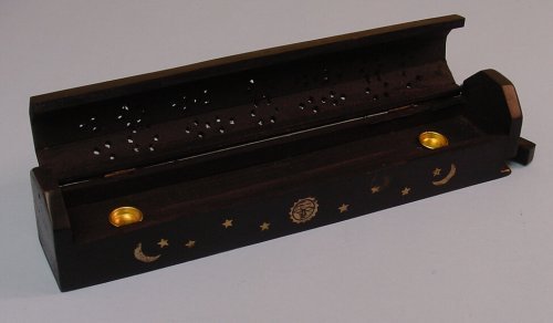 Wooden Coffin Incense Burner - Black Sun and Moon 12" - Brass Inlays - Storage Compartment