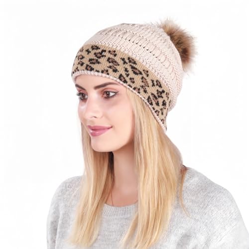 ZKYUCH Moda Invierno Leopardo Mujeres Sombrero Caliente De Punto Gorros Cap Niña Pom Pom Gorro Femenino Grueso Señora con Bola De Pelo,Color2