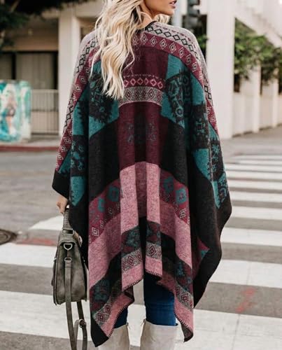 Image of Bestshe Women's Boho Open Front Poncho Plaid Shawl Wrap Cape | Tassel Cardigan Sweater, Cozy Layering, Fall Winter Clothes for Women