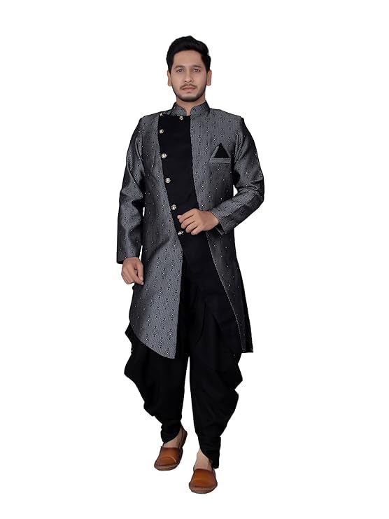 Ethzy Men's Black Jacquard Casual Regular Full Sleeve Indo Western with Dhoti Set - Traditional and Trendy