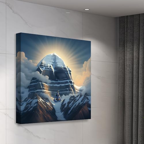 Image of EXSHA Mount Kailash with Meditating Lord Shiva Decorative Canvas Wall Painting|Sacred Himalayas Spiritual Art Print for Pooja Room, Yoga Studio, Living Room, Home Decor|Religious Paintings|24x24 Inch