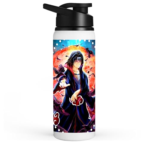 Image of Anime sipper water bottle with Itachi Print for boy and girl Use school, gym, tuition, travling, yoga | aluminium sublimation sipper bottle 750ml black cap (Itachi Uchiha-2)
