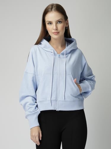 Image of Casual Wear Solid Crop Zipper Jacket Hooded Neck Full Sleeves with Kangaroo Pocket Hoodie for Women