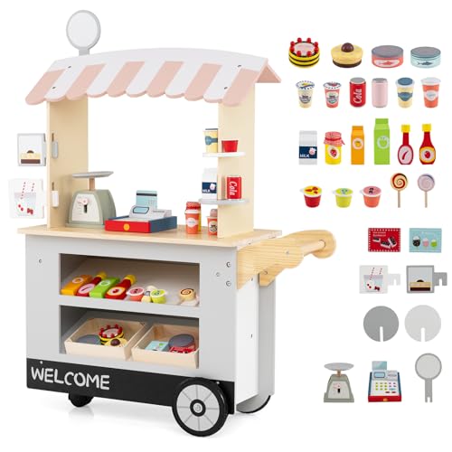 HOMASIS Carro de Comida con 2 Estantes para Niños, Carrito con Toldo, Puesto de Supermercado con Caja Registradora, Juego de Imitación con Accesorios para Niños de 3+ Años, 75x30x100cm (Gris)
