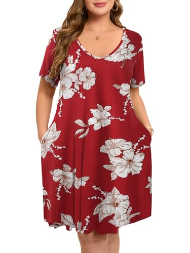 Image of ZENNILO Women's Plus Size Swing Dress with Pockets Casual Summer Dresses V Neck Short Sleeve T Shirt Dress for Women