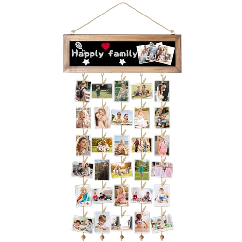 Pele Mele Photo Mural, Porte Photo Mural avec Tableau Et 30 Clips en Bois, Cadre Photo Pele Mele Mural pour Photos, Cartes Postales, Peintures
