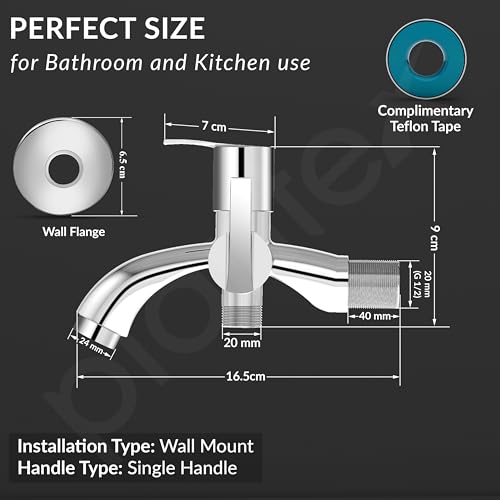 Image of Plantex Pure Brass 2 in 1 Tap for Washing Machine with Water Saving Nozzle for Kitchen Tap /2-Way Bib Cock with Brass Wall Flange & Teflon Tape -7 Year Warranty (AQ-1407-Chrome)