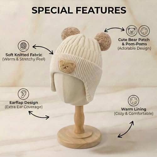 Image of Kraptick Children's Pompom Winter Warm Caps for Toddlers & Kids, Soft Knitted Beanie with Warm Earflaps, Cute Teddy Bear Design, Unisex Baby Woolen Hat-2