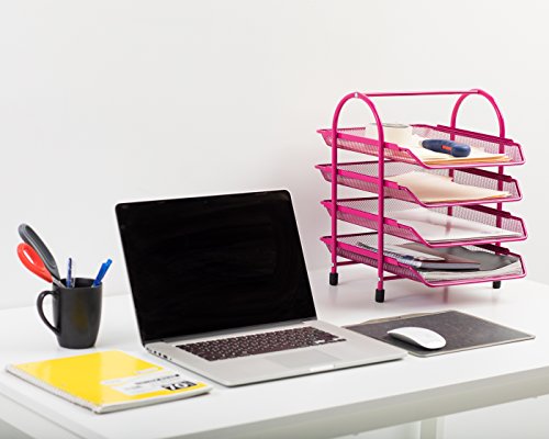 Klickpick Office 4 Tier Heavy Duty Metal Desktop Letter Tray File Organizer Sorter Desk Document Organizer Shelf Tray Magazine Holder Paper File Newspaper Organizer Tray - Pink
