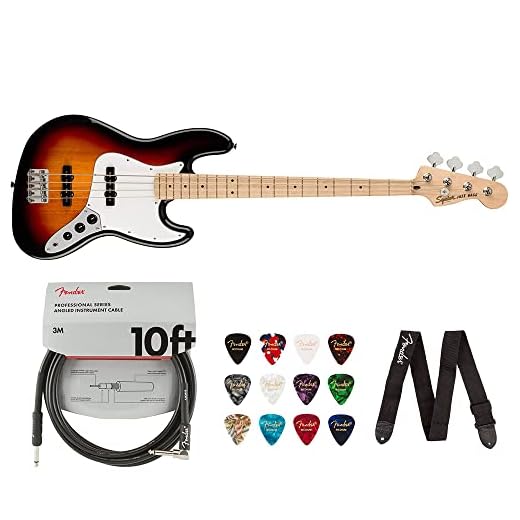 Squier Jazz Bass Bundle - Maple Fingerboard, 3-Color Sunburst with Fender Accessories