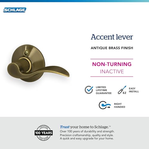 Image of SCHLAGE F170ACC609RH ACC 609 F170 Rh Accent Decorative Dummy Door Lever, 2.72 In Projection X 4-1 /8 In L, Antique Brass