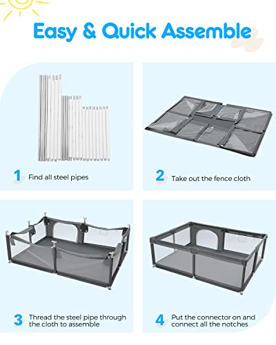 Heao 79X59” Baby Playpen Xxl Light Playard With Gate Travel Bag &30Pcs Pit Balls Indoor & Outdoor Toddler Playpen Sturdy Safety Baby Playard Dark Grey #TOP7