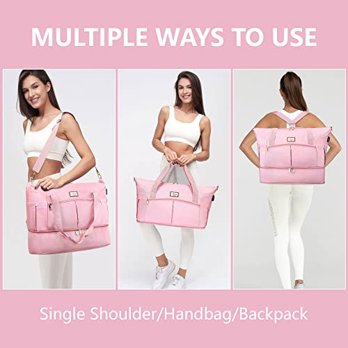 Travel Bags For Women, Sports Gym Duffle Bag With Foldable Shoe Compartment, Large Weekender Overnight Bag With Wet Pocket And Usb Charging Port For Women Girls Traveling, Gym Tote, Yoga (Pink) #TOP2