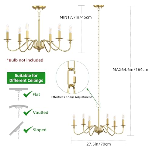 Image of Rustic Farmhouse Candle Chandelier for Dining Room, 6-Light Rustic Black Iron Light Fixture with Classic S-Arm Design for Kitchen Island, Living Room, Foyer-Brass Gold