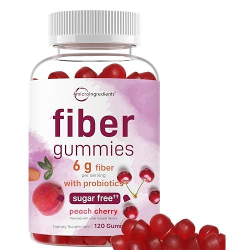 Micro Ingredients Fiber Gummies with Probiotics, 120 Count | 6g Per Serving + 2 Billion CFU | Sugar Free Peach Cherry Flavor | High Fiber Supplement for Women & Men | Non-GMO, Gluten Free