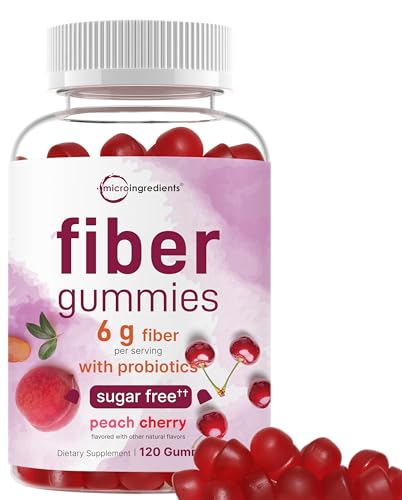 Micro Ingredients Fiber Gummies with Probiotics 120 Count | 6g Per Serving + 2 Billion CFU | Sugar Free Peach Cherry Flavor | High Fiber Supplement for Women & Men | Non-GMO Gluten Free