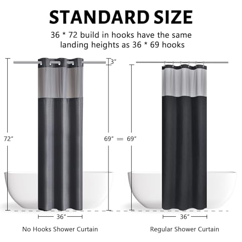 Image of Furlinic Dark Grey Small Stall No Hook Shower Curtain with Snap in Liner,Waffle Weave Heavy Duty Fabric Waterproof Bathroom Curtains,Washable Shower Curtain Set with See Through Window 36x72 Inch