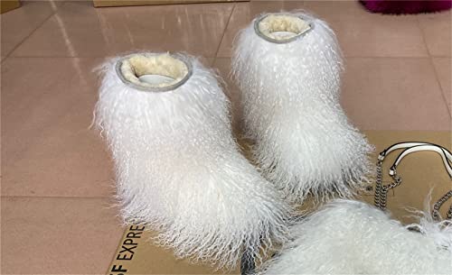 MSD-1 Woman's Tibetan Fur Boot With Real Mongolian Hairy Furry Sheepskin Shearling Lamb Skin Snow Boots Long Curly Hair Shoes For Young Lady Girls Outside Ski Fluffy Footwear Christmas Gifts Mid-Half Short Booties All Over Fur (9, White)4