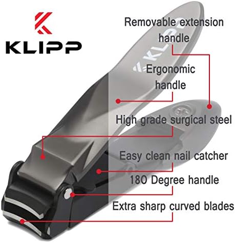 Nail Clippers for Men with Catcher  KLIPP Razor-Sharp Heavy Duty Self-Collecting Nail Cutters with Ergonomic Lever Keep Fingernails and Toenails Impeccably Manicured  Includes Ziplock Pouch