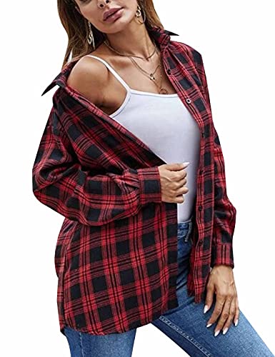 Image of HangNiFang Womens Flannel Plaid Shirts Oversized Button Shirts Blouse Tops