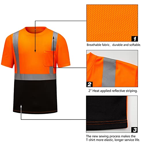 Dpsafety High Visibility Shirts Quick Dry Safety T Shirts With Reflective Strips And Pocket Short Sleeve Mesh Hi Vis Construction Work Class 2 Shirt For Men/Women Black Bottom Orange,Large #TOP1