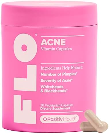 O Positiv FLO Acne Capsules – Reduce Number and Severity of Pimples, Whiteheads, Blackheads, and Pustules on Face, Back, and Body – Colostrum-Derived Lactoferrin, Zinc and Vitamin E – 30 Servings
