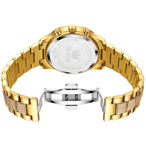 Image of OLEVS Men Watch Blue Gold Analog Quartz Stainless Steel Waterproof Luminous Date Luxury Casual Watch