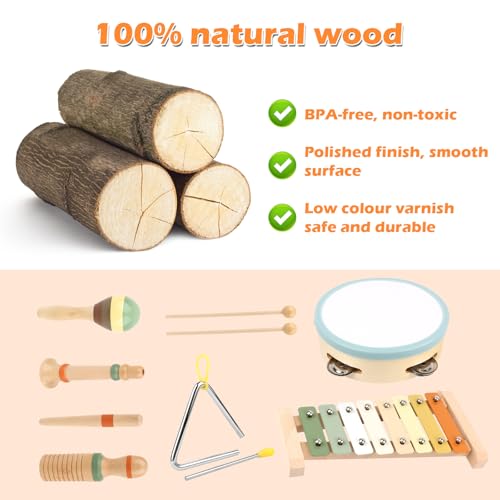 KUOFANY Musikinstrumente für Kinder ab 3 Jahren, Holzspielzeug mit Xylophon, Triangel, Maracas, Tamburin, Klanghölzern und Klarinette, Grau, Kleinkindgerecht