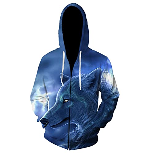 Sweats à Capuche rétro pour Hommes Motif de Loup Animal Pulls à glissière Pulls à Capuche décontractés Sweat zippé avec Poche Kanga Cover
