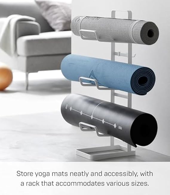 Yamazaki Home Tower Steel Storage Rack For Yoga Mats & Foam Rollers - Includes Hooks For Fitness Accessories - Steel