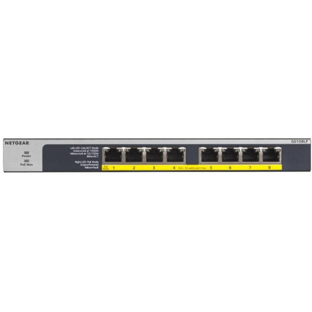 Black/Grey Netgear Gs108lp Unmanaged Gigabit Ethernet (10/100/1000) Power Over Ethernet (Poe) 1U