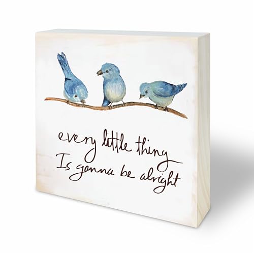 4“X 4” Natural Pine Wood Plaque - Every Little Thing Is Gonna Be Alright - Positive Wooden Decor For Farmhouse, Tabletop, Shelf, Cheerful Gift, Home & Office Decorations(Blue) - A13