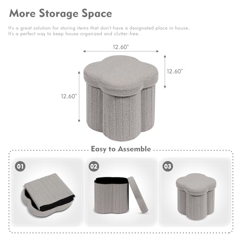 Image of B FSOBEIIALEO Storage Ottoman Cube, Flowers Shaped Ottomans with Storage Foot Stool Footrest for Lving Room, Boucle Ottoman Seat for Dorm Room,Faux Teddy Fur, Grey 12.6 inchx12.6 inchx12.6 inch