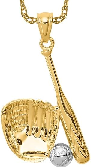 IceCarats14K Yellow Gold White Baseball Glove Bat Ball Necklace Softball Charm Sports Pendant