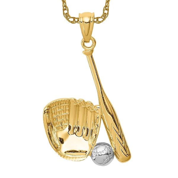 IceCarats14K Yellow Gold White Baseball Glove Bat Ball Necklace Softball Charm Sports Pendant