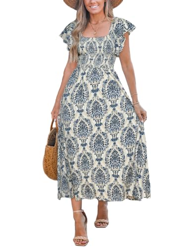Image of CUPSHE Women's Paisley Square Neck Flutter Sleeve Smocked Bodice Midi Dress | Boho Floral Print, Ruffle Cap Sleeve, High Waist Flowy A-Line Sundress, for Summer Beach Vacation, Casual Daily Wear, Wedding